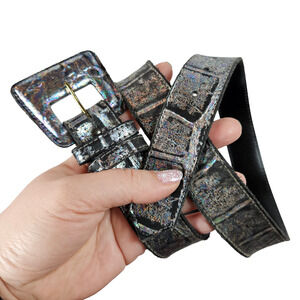 Sandy Duftler Multicolor Embossed Black Leather Belt Women's Large Statement